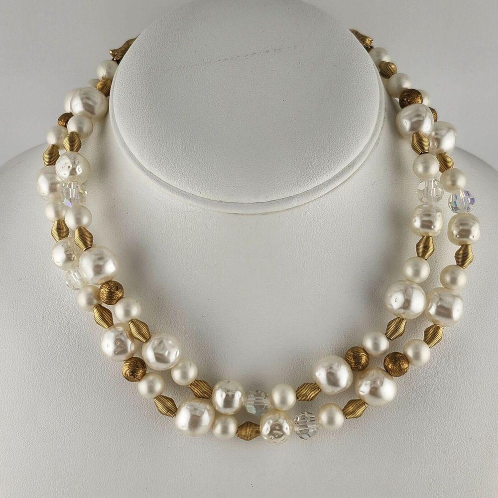 Vintage‎ Capri Double Strand Faux Pearl & Gold Bead Necklace 16"